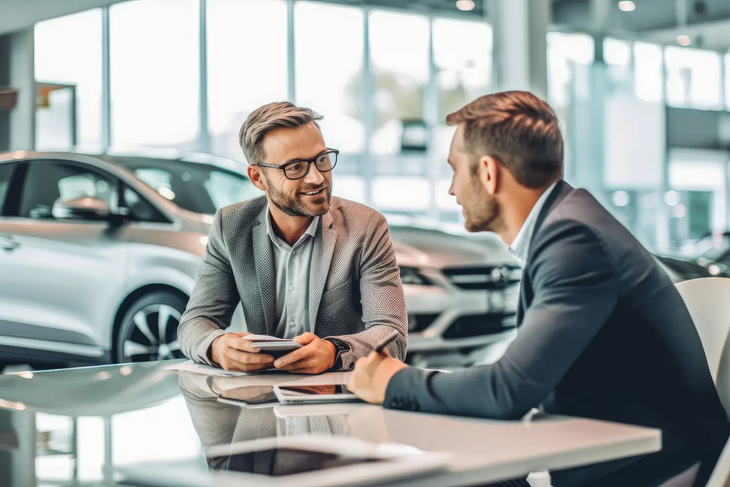FB Consulting ,Nattheim , Ferhat Baygin , Audits, Wertstromanalysen ,  Projektmanagement , Lieferantenentwickluà, Geschäftsvertreter bespricht Autohausvertrag mit seinem Kunden, Autohaus im Hintergrund